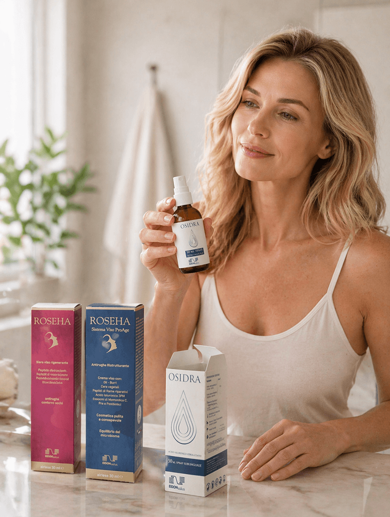 Donna che segue il rituale Benessere e Bellezza Pelle con Roseha Siero Viso, Roseha Sistema Viso ProAge e Osidra
