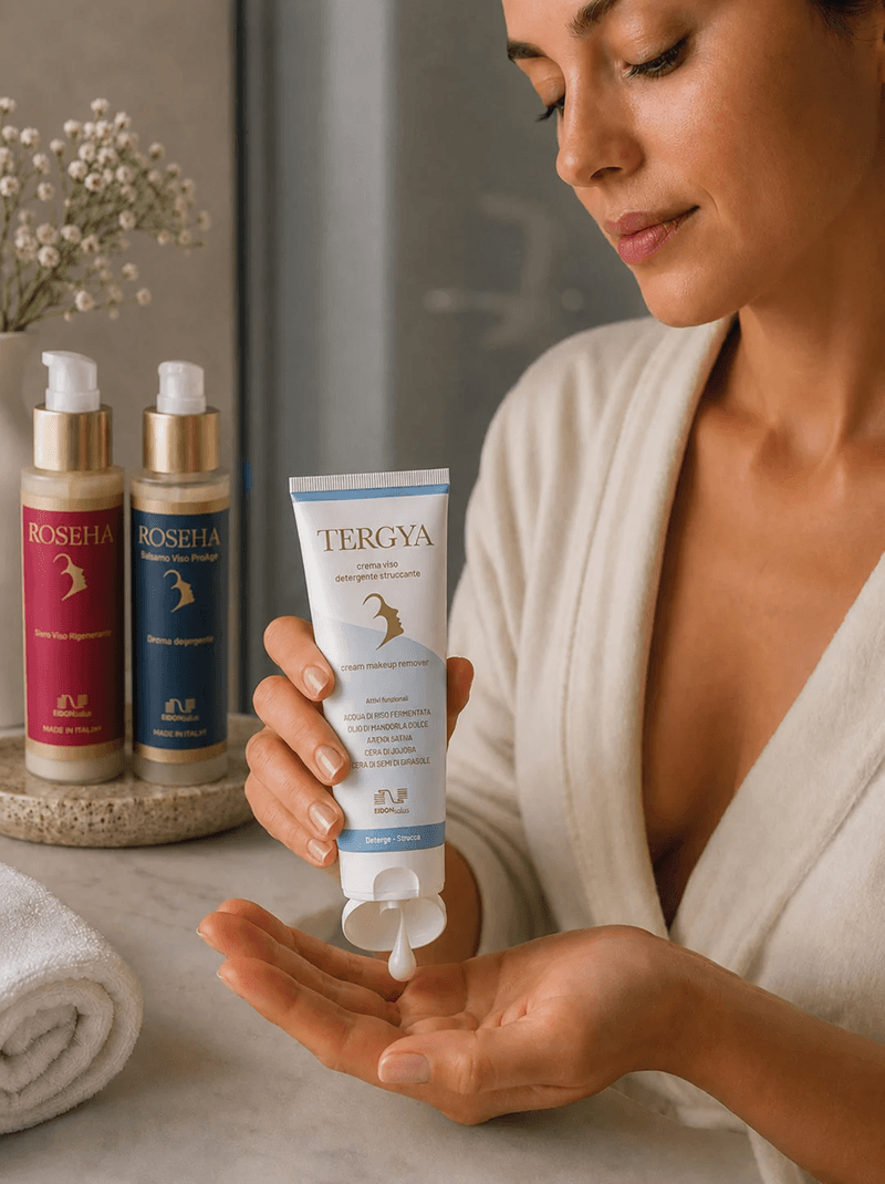 Donna che utilizza Tergya, Roseha Siero Viso e Roseha SIstema Viso ProAge